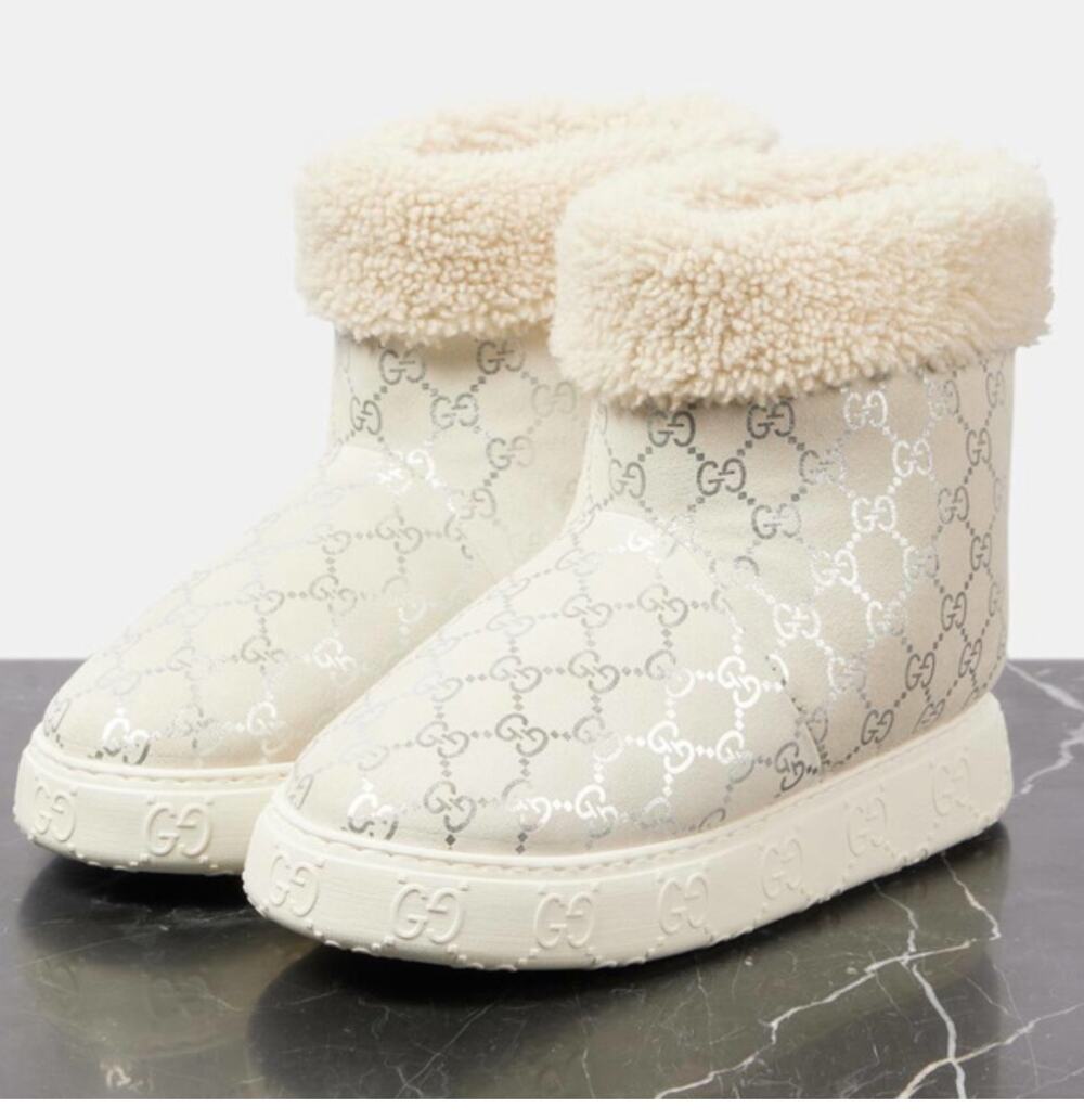 Gucci GG Monogram Shearling Trim Ankle Suede Boot 39 Logo Winter